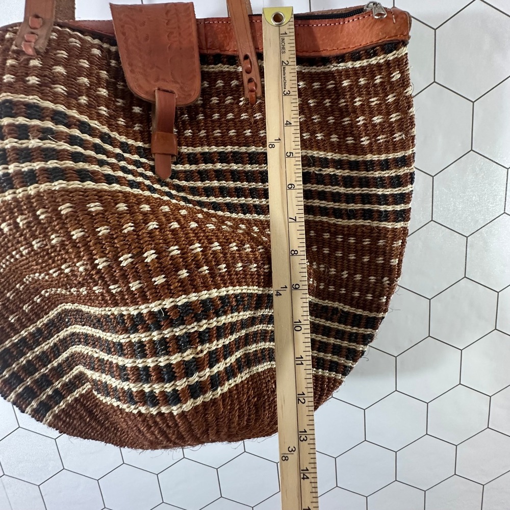 Handmade Woven Sisal Leather Tote Bag Brown Striped Boho Kiondo Shoulder Bag - Picture 6 of 8